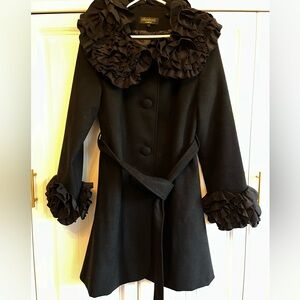 Women Knee High Black Wool Coat With Ruffled Collar And Belt